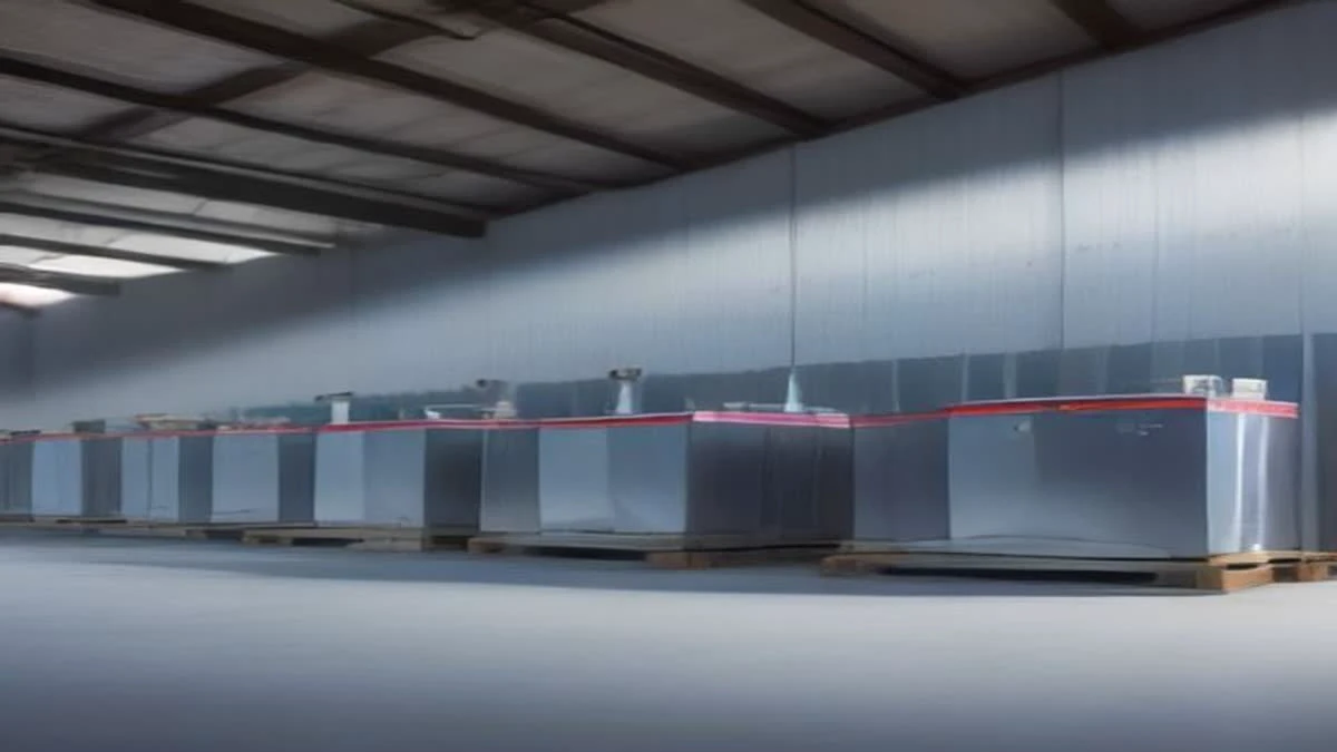 A stack of aluminium mining machines on a pallet in a bright warehouse